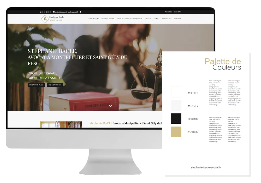 Site internet d’une avocate affiché sur un écran d’ordinateur, accompagné de la palette de couleurs de sa charte graphique
