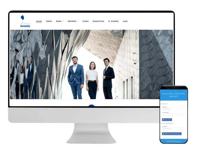 Site internet d’un cabinet d’avocats affiché sur un écran d’ordinateur et sur un smartphone